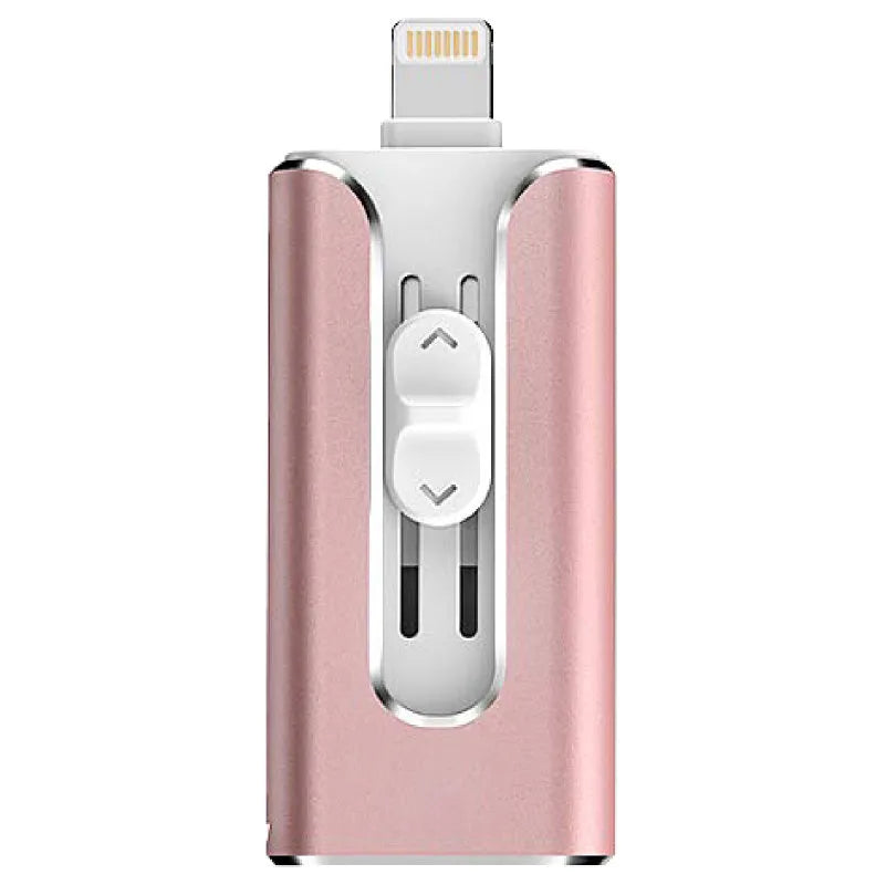 Metal USB flash drive with Lightning and USB ports in black, silver, or gold colours