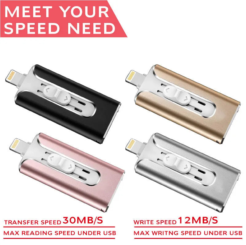 Metal USB flash drive with Lightning and USB ports in black, silver, or gold colours