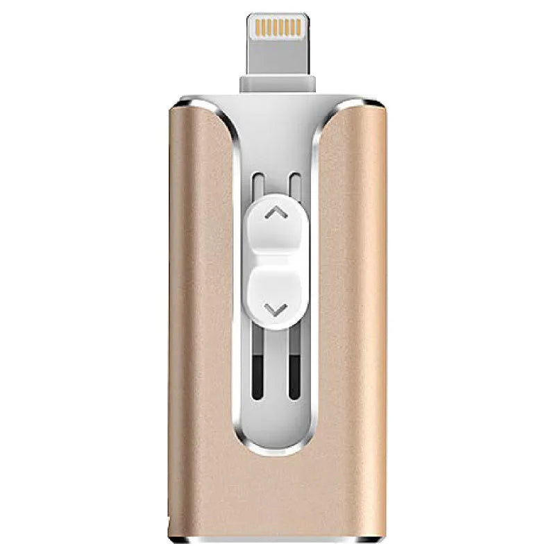 Metal USB flash drive with Lightning and USB ports in black, silver, or gold colours