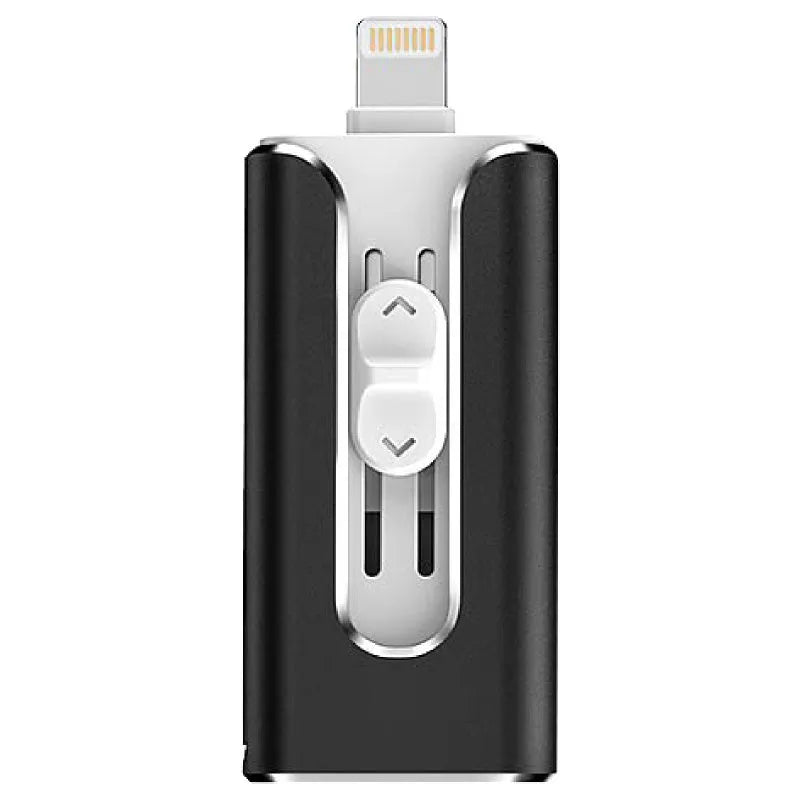 Metal USB flash drive with Lightning and USB ports in black, silver, or gold colours