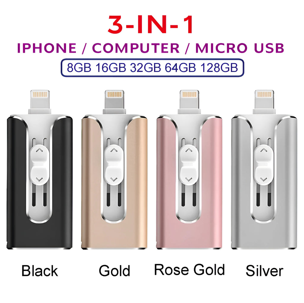 Metal USB flash drive with Lightning and USB ports in black, silver, or gold colours