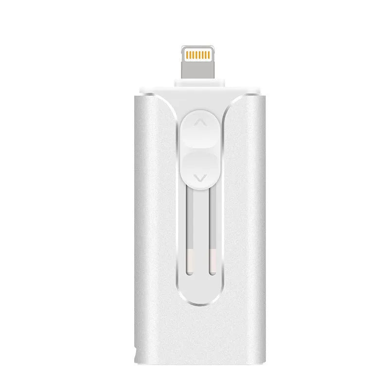 Metal USB flash drive with Lightning and USB ports in black, silver, or gold colours