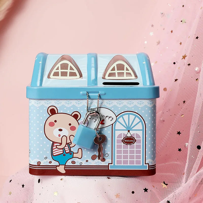 Blue house-shaped tinplate piggy bank for coin storage with dimensions 112x88x104mm