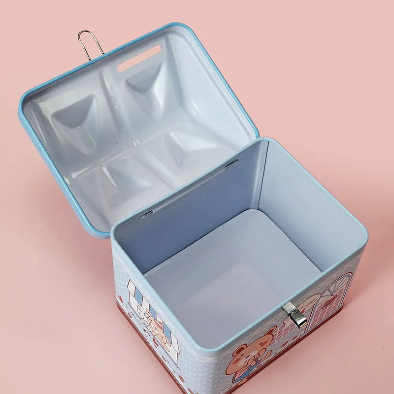 Blue house-shaped tinplate piggy bank for coin storage with dimensions 112x88x104mm