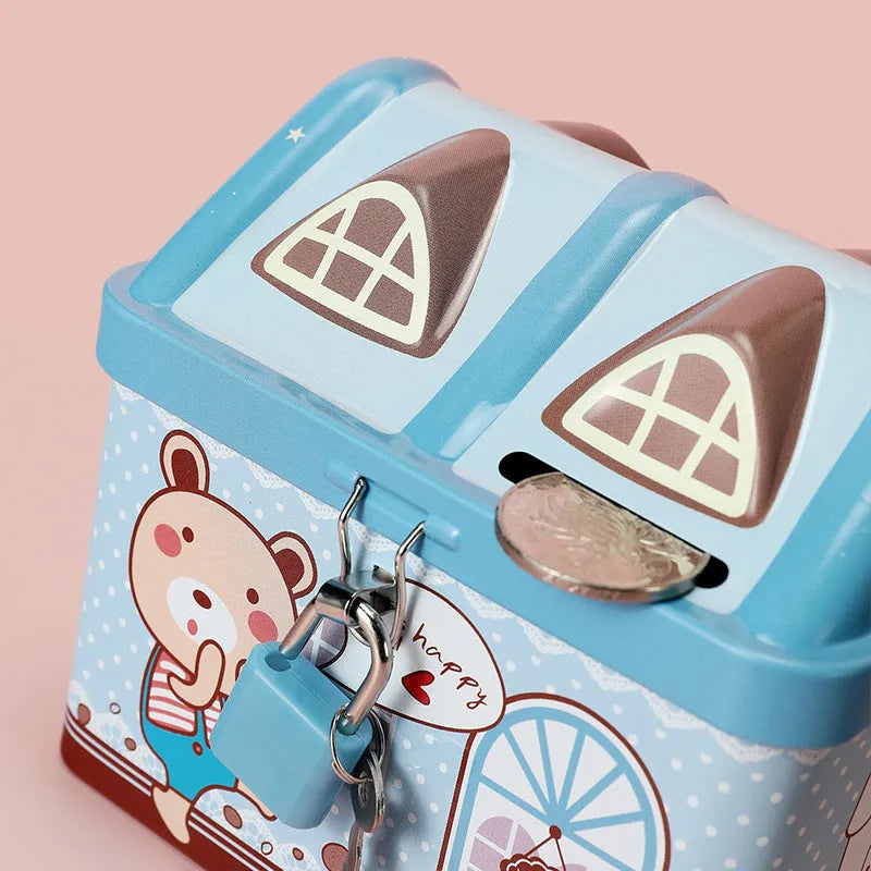 Blue house-shaped tinplate piggy bank for coin storage with dimensions 112x88x104mm
