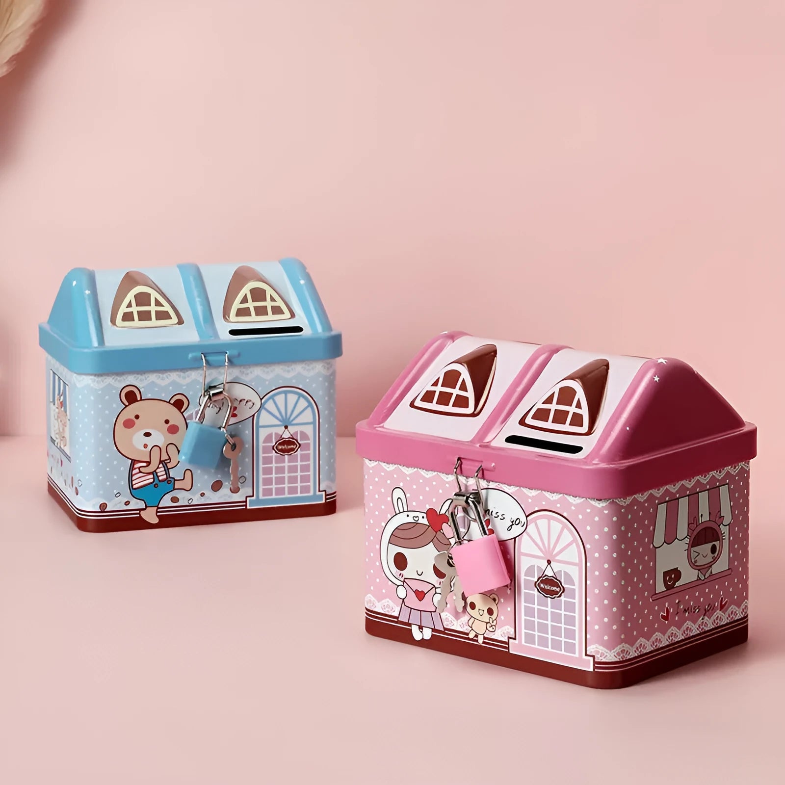 Blue house-shaped tinplate piggy bank for coin storage with dimensions 112x88x104mm
