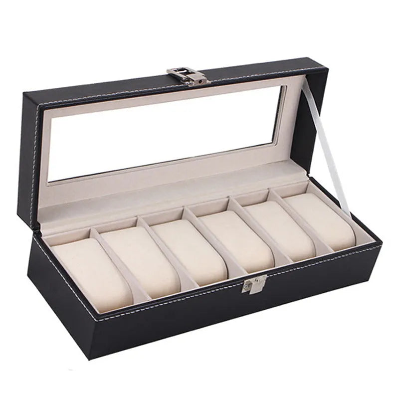Black wooden watch display box with six clear windows showing watch compartments
