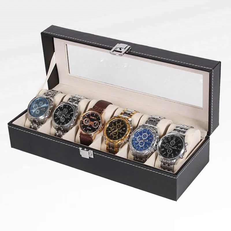 Black wooden watch display box with six clear windows showing watch compartments