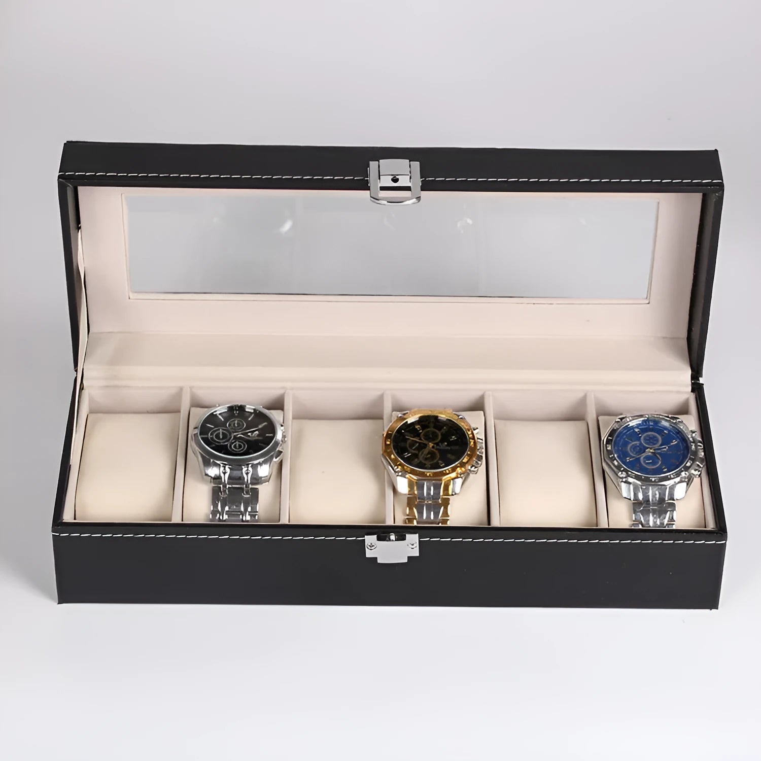 Black wooden watch display box with six clear windows showing watch compartments