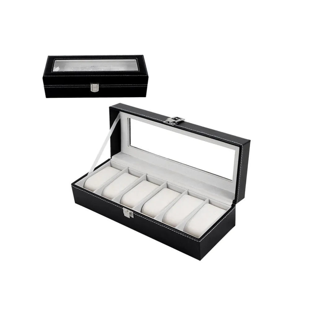 Black wooden watch display box with six clear windows showing watch compartments