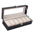 Black wooden watch display box with six clear windows showing watch compartments