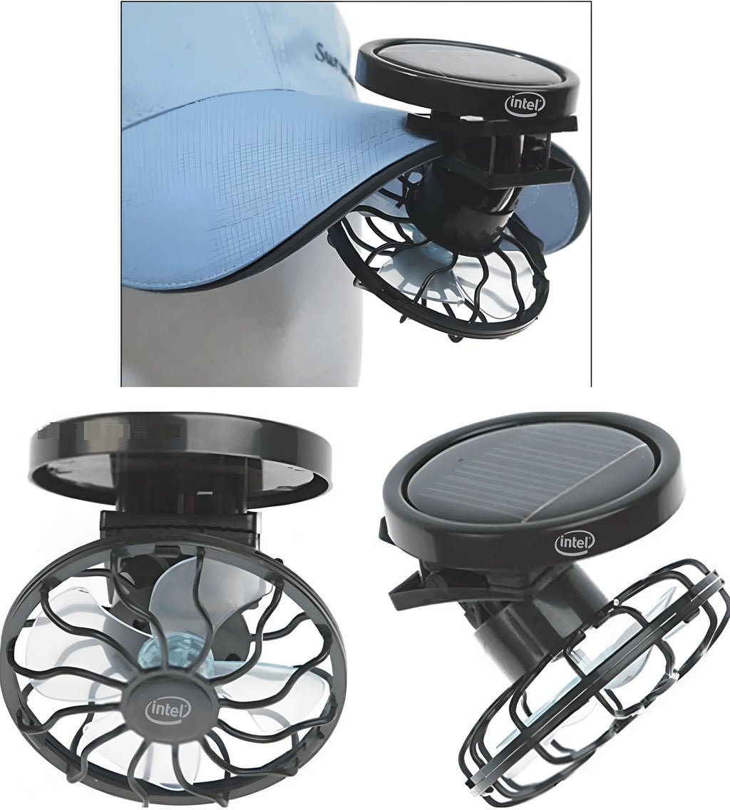 Black solar clip-on fan for outdoor cooling during camping and fishing trips