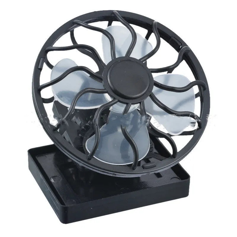 Black solar clip-on fan for outdoor cooling during camping and fishing trips