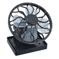Black solar clip-on fan for outdoor cooling during camping and fishing trips