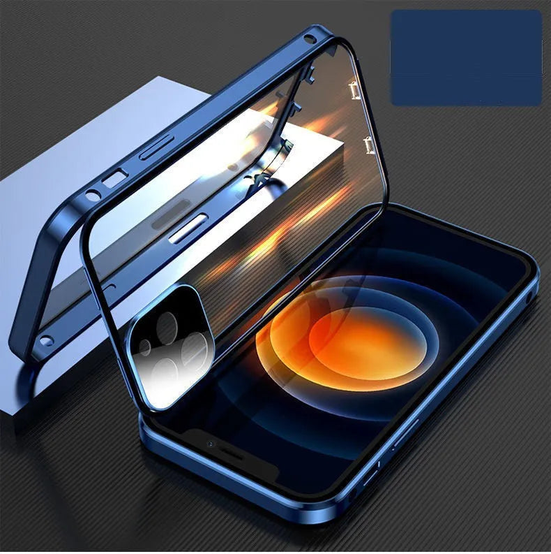 Black metal-framed iPhone bumper case with double-sided tempered glass, shown next to a blue and red version.