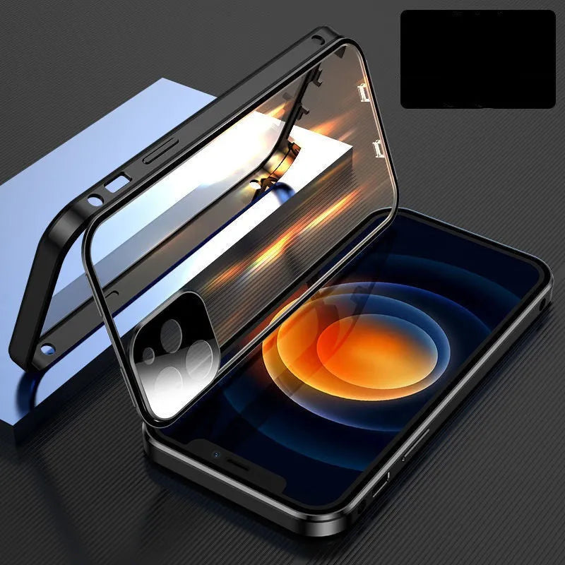 Black metal-framed iPhone bumper case with double-sided tempered glass, shown next to a blue and red version.