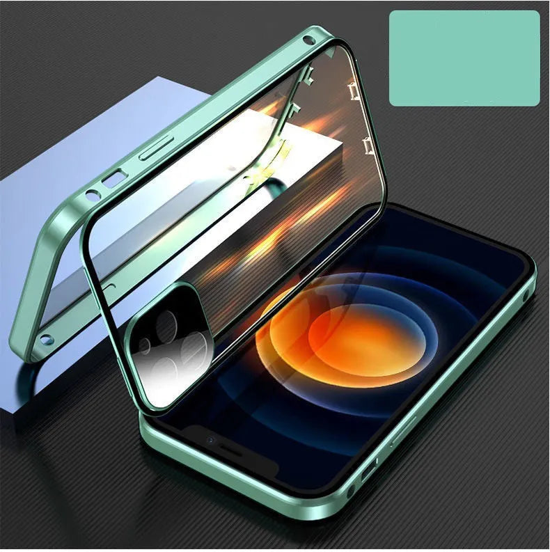 Black metal-framed iPhone bumper case with double-sided tempered glass, shown next to a blue and red version.