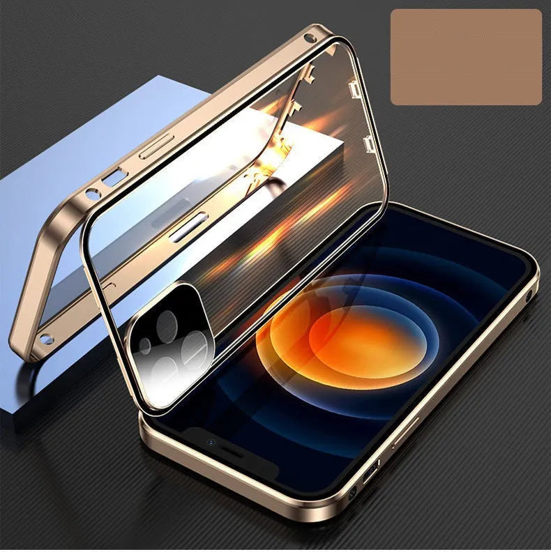 Black metal-framed iPhone bumper case with double-sided tempered glass, shown next to a blue and red version.