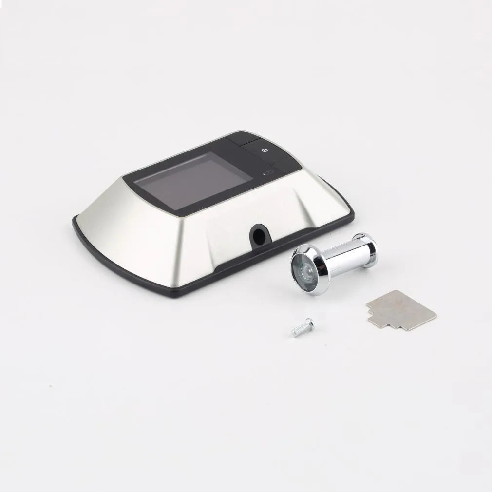 Digital wireless door peephole camera kit with LCD monitor and outdoor camera unit.