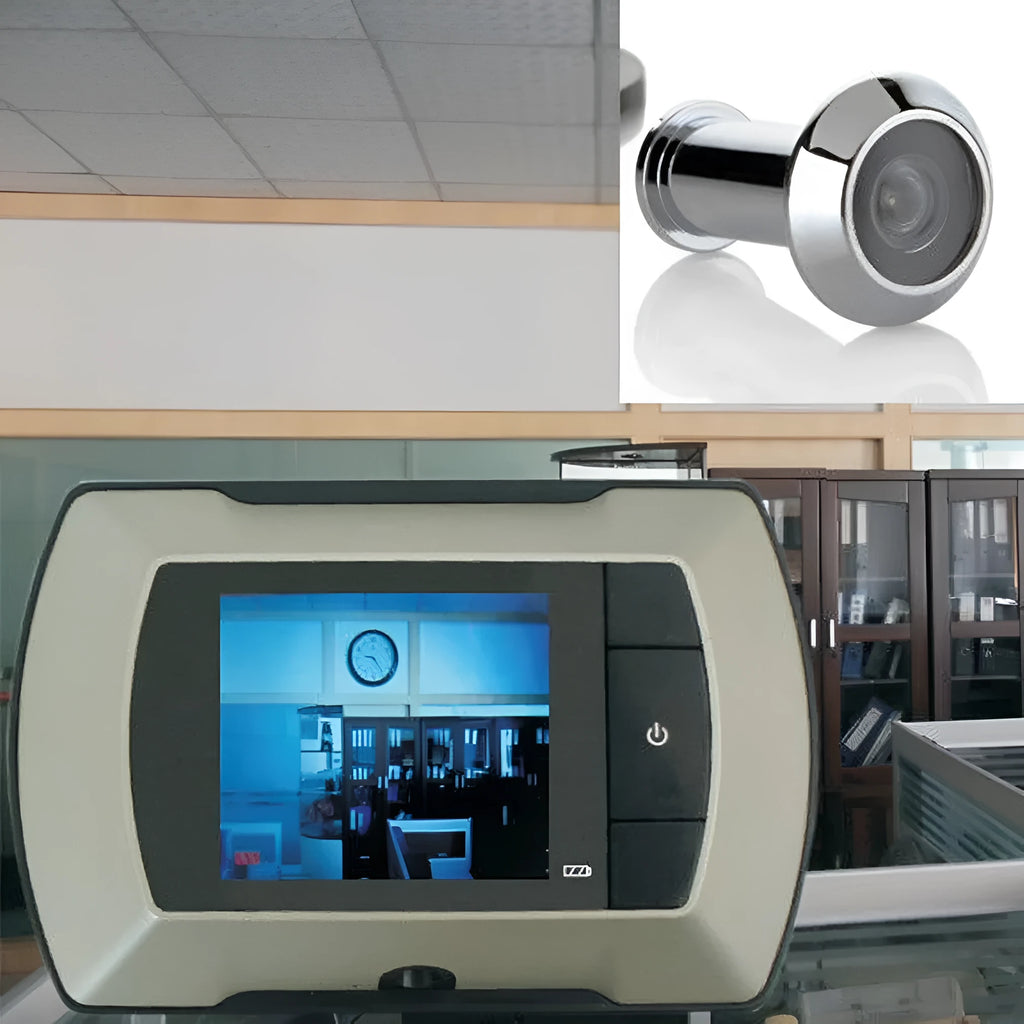 Digital wireless door peephole camera kit with LCD monitor and outdoor camera unit.