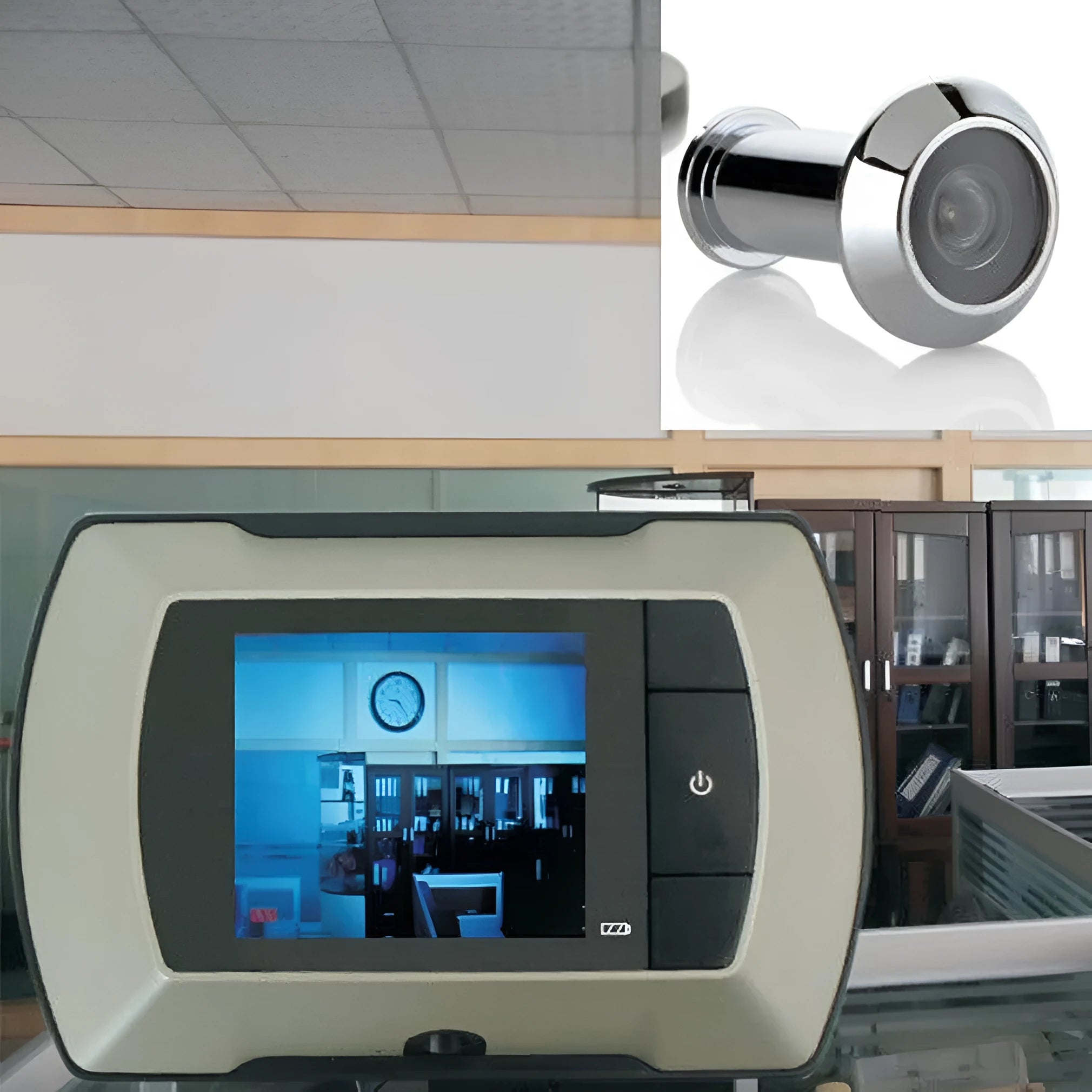 Digital wireless door peephole camera kit with LCD monitor and outdoor camera unit.