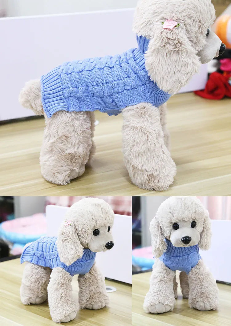 Blue cashmere twisted rope dog sweater on a mannequin, showing textured knit and standard pet clothing shape.