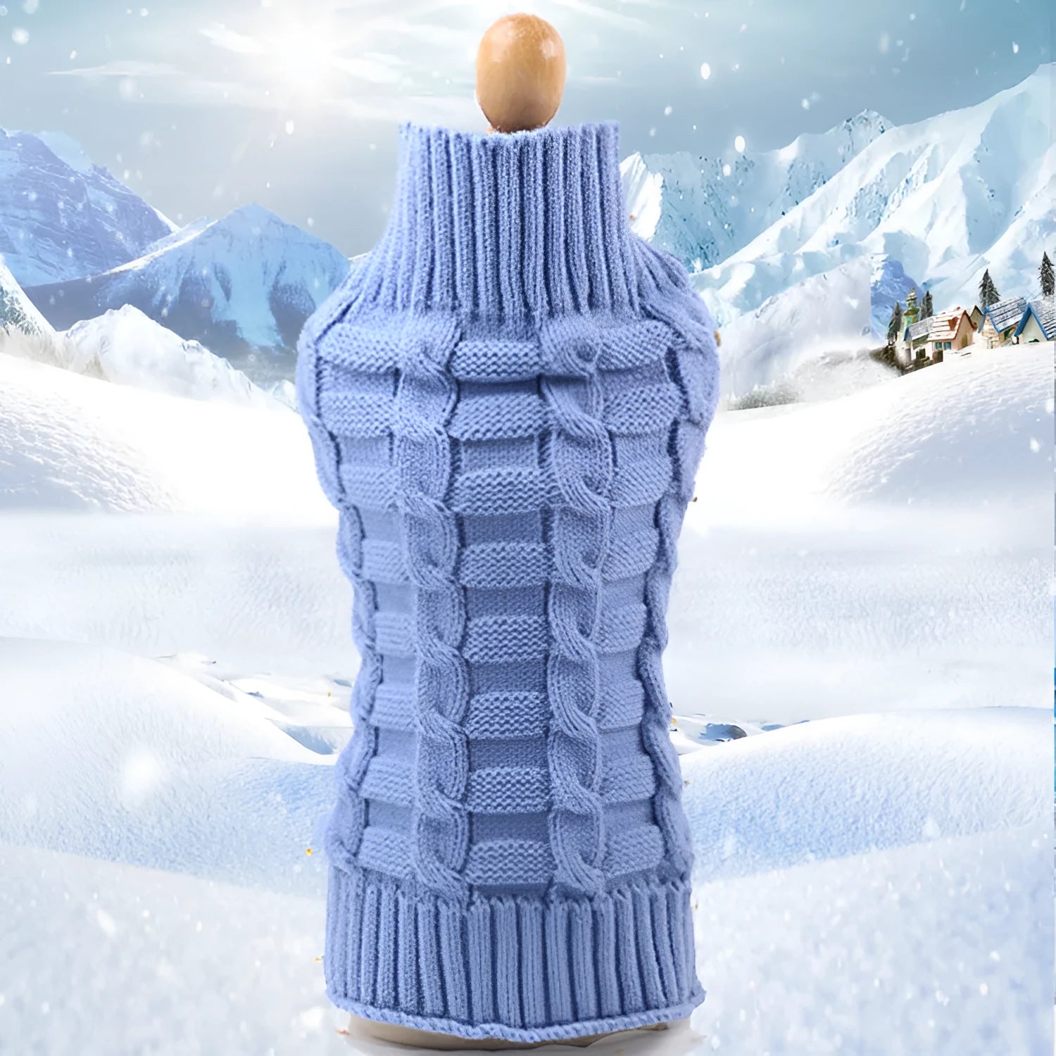 Blue cashmere twisted rope dog sweater on a mannequin, showing textured knit and standard pet clothing shape.