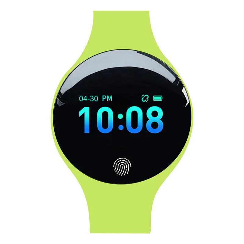 Smart watch with vibrating alarm and Bluetooth pedometer on wrist, showing 37mm dial and coloured strap options