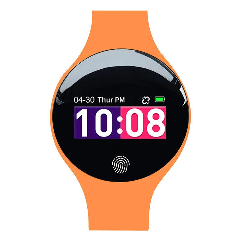 Smart watch with vibrating alarm and Bluetooth pedometer on wrist, showing 37mm dial and coloured strap options