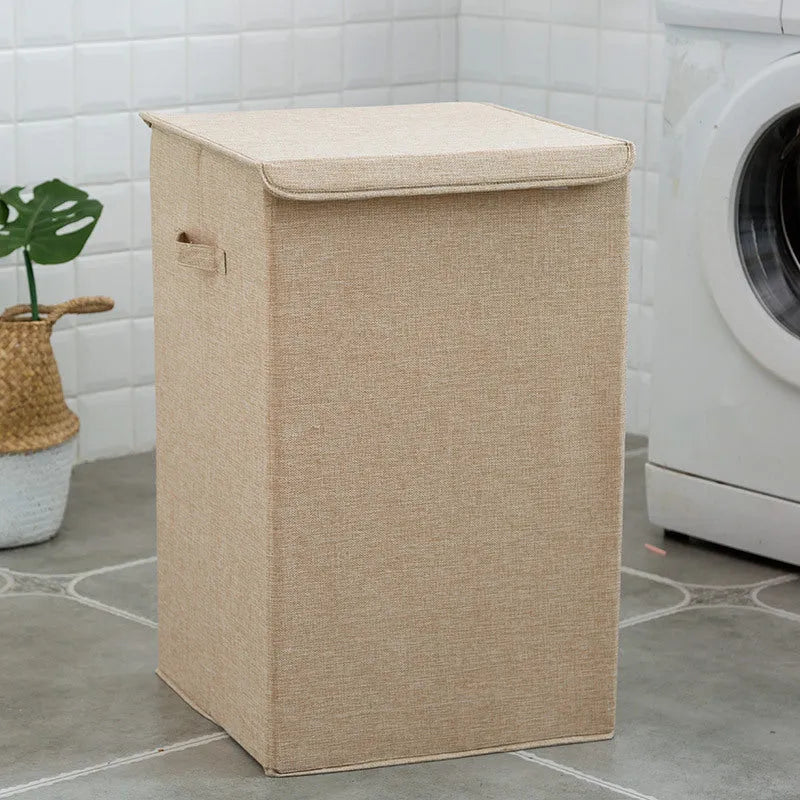 Washable cotton linen fabric clothes sorting box with lid in beige colour
