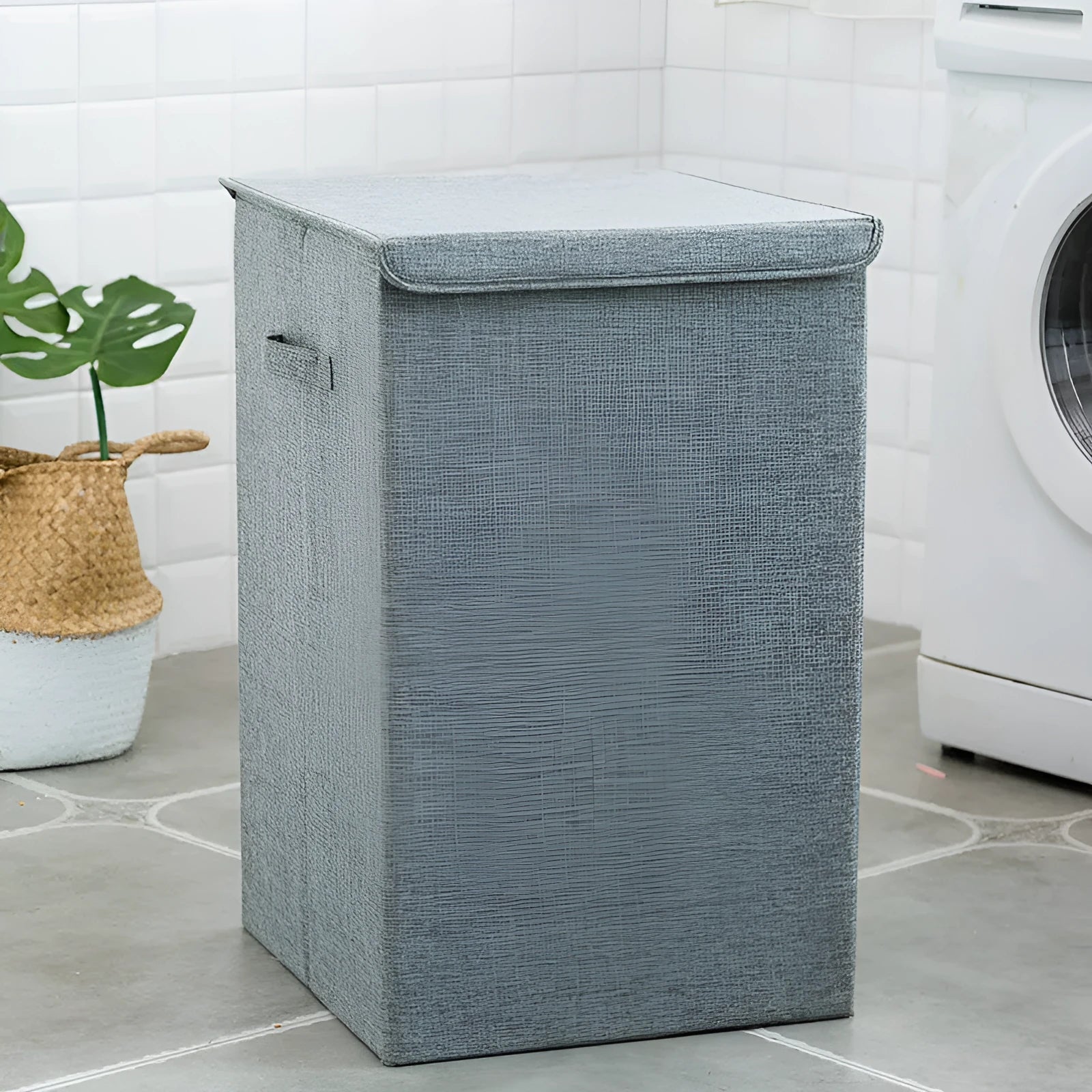 Washable cotton linen fabric clothes sorting box with lid in beige colour