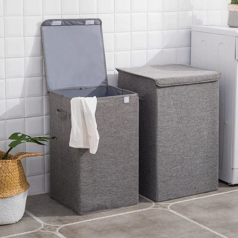 Washable cotton linen fabric clothes sorting box with lid in beige colour
