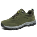 Men's low-cut outdoor hiking shoes in army green, shown in a large size on a neutral background.