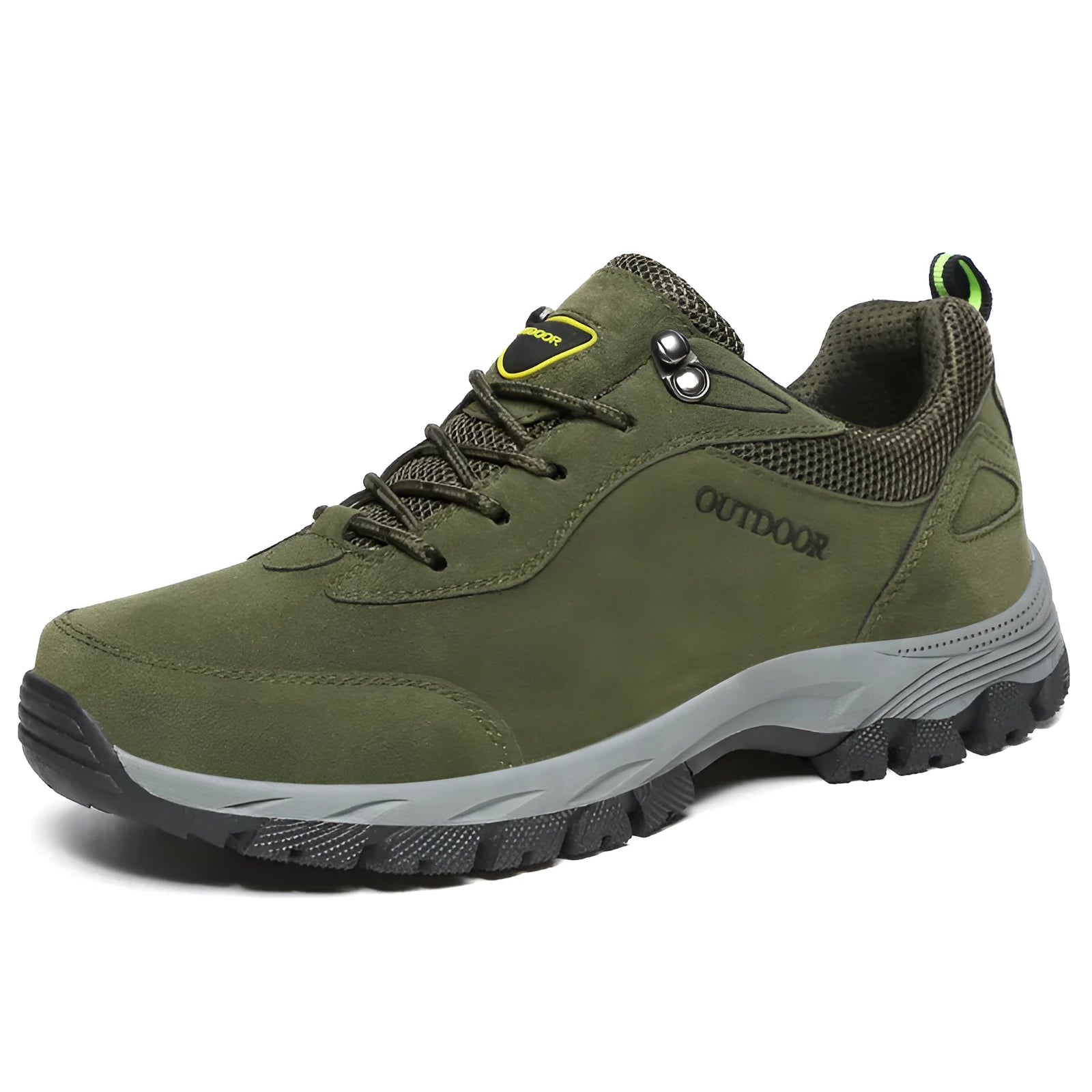 Men's low-cut outdoor hiking shoes in army green, shown in a large size on a neutral background.