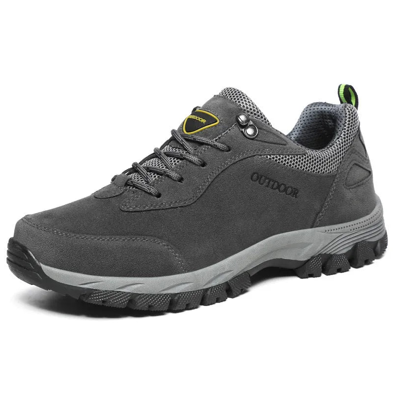 Men's low-cut outdoor hiking shoes in army green, shown in a large size on a neutral background.