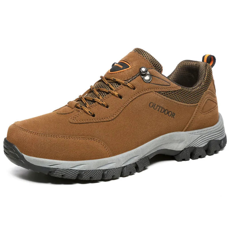 Men's low-cut outdoor hiking shoes in army green, shown in a large size on a neutral background.