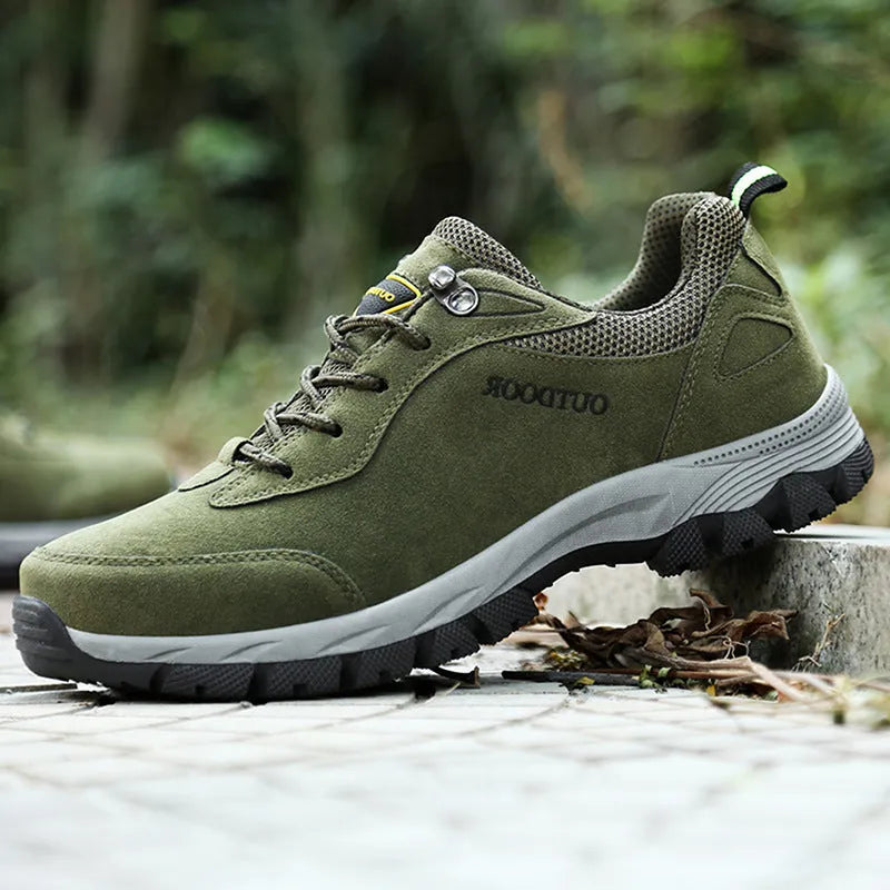 Men's low-cut outdoor hiking shoes in army green, shown in a large size on a neutral background.