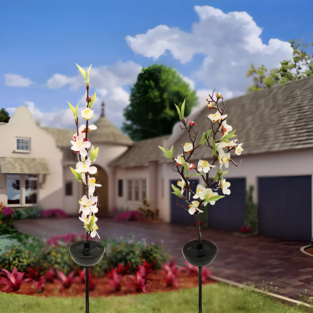 Solar-powered cherry tree branch garden light with firework string decoration