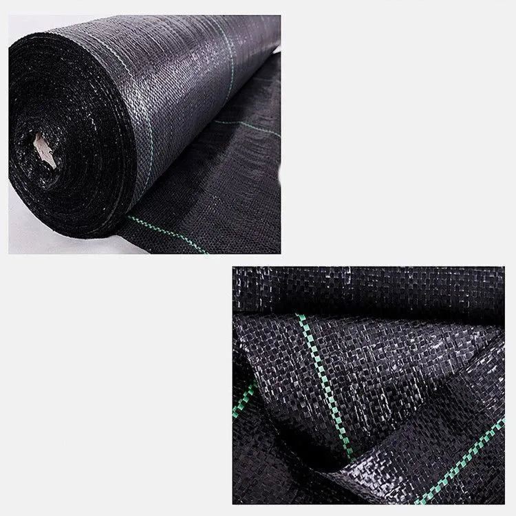 Black composite woven PE weed cloth roll for farmland and greenhouse weed suppression.