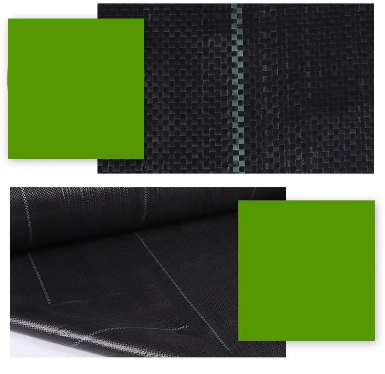 Black composite woven PE weed cloth roll for farmland and greenhouse weed suppression.
