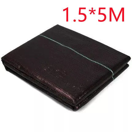 Black composite woven PE weed cloth roll for farmland and greenhouse weed suppression.