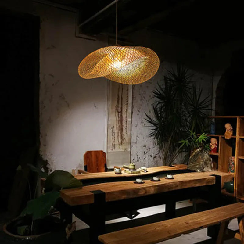 Natural bamboo Chinese zen tea room chandelier with 40cm diameter shell