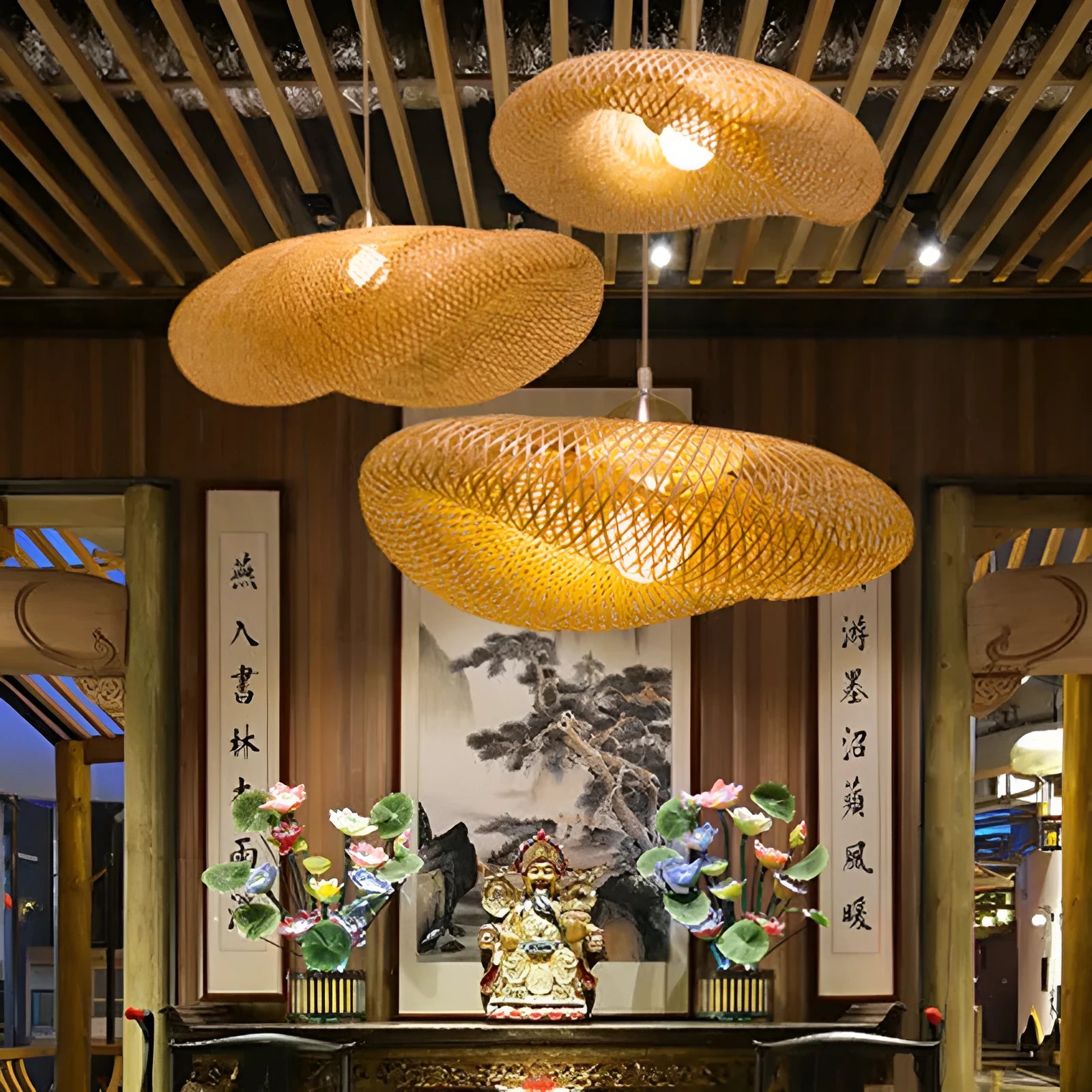 Natural bamboo Chinese zen tea room chandelier with 40cm diameter shell