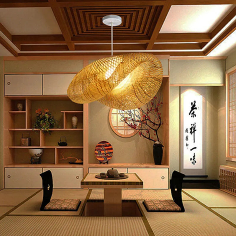 Natural bamboo Chinese zen tea room chandelier with 40cm diameter shell