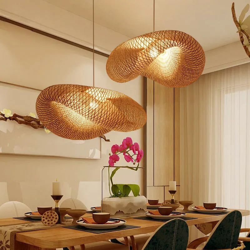 Natural bamboo Chinese zen tea room chandelier with 40cm diameter shell