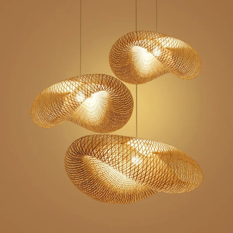 Natural bamboo Chinese zen tea room chandelier with 40cm diameter shell