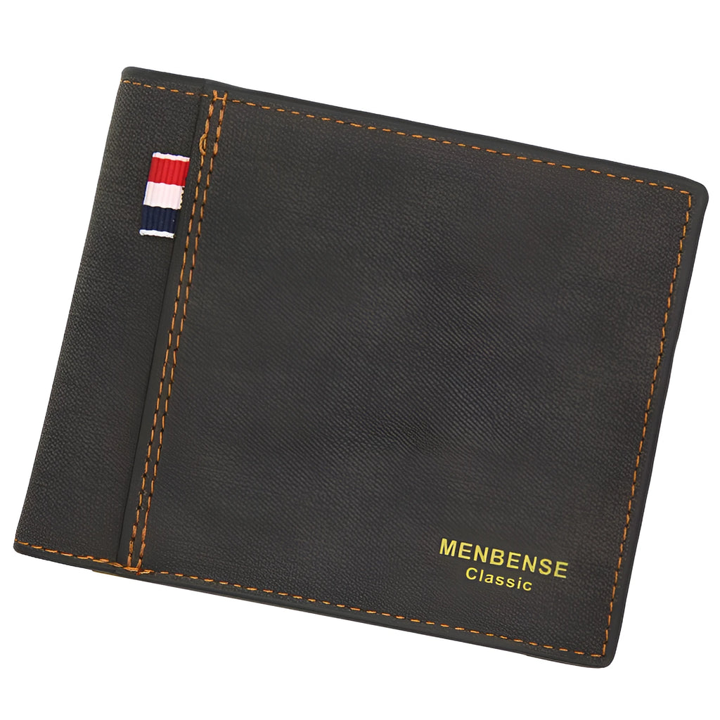 Men's black leather tri-fold wallet shown open and closed, demonstrating its large capacity and short folded size.