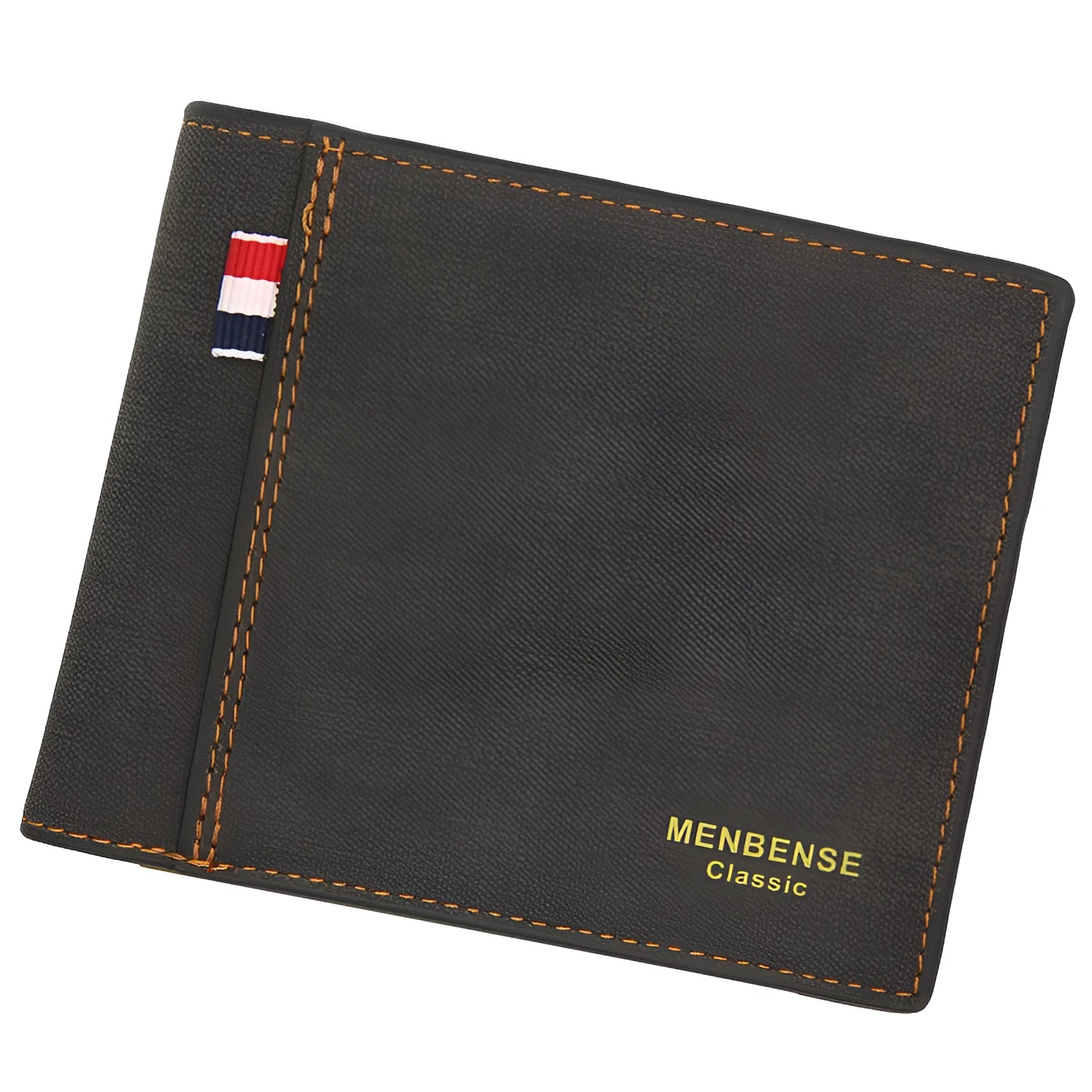 Men's black leather tri-fold wallet shown open and closed, demonstrating its large capacity and short folded size.