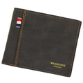 Men's black leather tri-fold wallet shown open and closed, demonstrating its large capacity and short folded size.