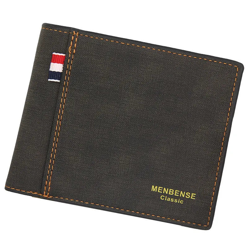 Men's black leather tri-fold wallet shown open and closed, demonstrating its large capacity and short folded size.